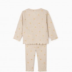 'HEARTS' RIBBED BABY GIRL PAJAMAS, BLENDED BEIGE