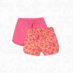 2 BABY GIRL SHORTS 'PALM TREE', CORAL/PINK