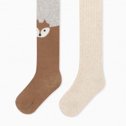 2 BABY GIRL 'FOX' KNITTED TIGHTS, GREY/BEIGE