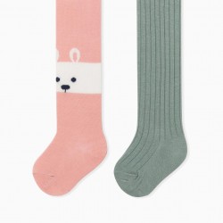  2 BABY GIRL KNITTED TIGHTS 'BUNNY' PINK/GREEN