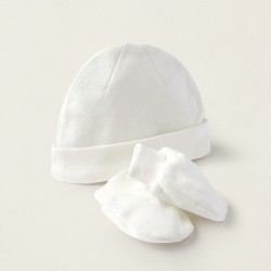 HAT + COTTON GLOVES FOR NEWBORNS, WHITE