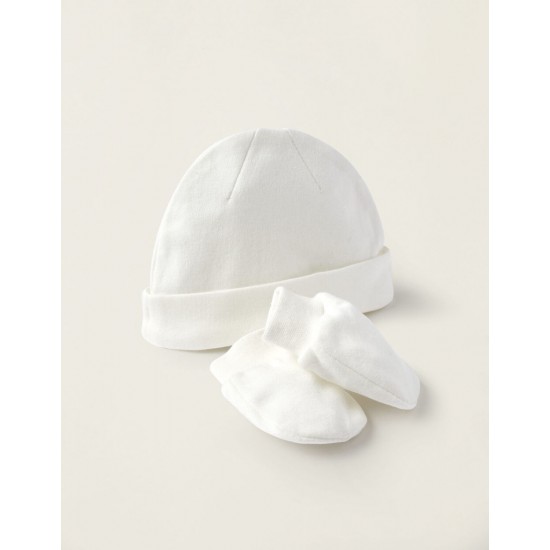 HAT + COTTON GLOVES FOR NEWBORNS, WHITE