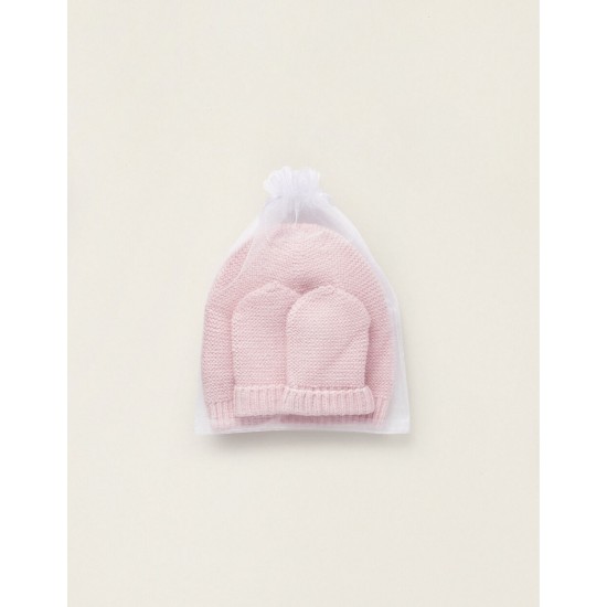 KNITTED HAT + GLOVES FOR NEWBORN, PINK