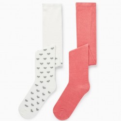 PACK 2 MESH TIGHTS FOR BABY GIRL 'HEARTS', WHITE/DARK PINK