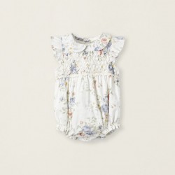 'YOU&ME' FLORAL PATTERN COTTON ROMPER FOR NEWBORN, WHITE