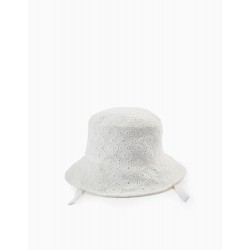 COTTON HAT WITH ENGLISH EMBROIDERY FOR GIRLS, WHITE