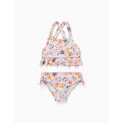 UPF80 BIKINI WITH FLORAL MOTIF FOR GIRLS, WHITE/PINK